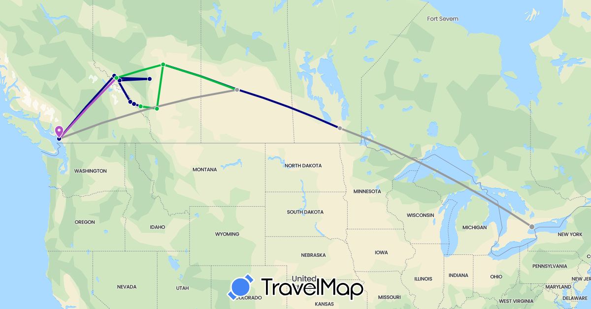 TravelMap itinerary: driving, bus, plane, train in Canada (North America)