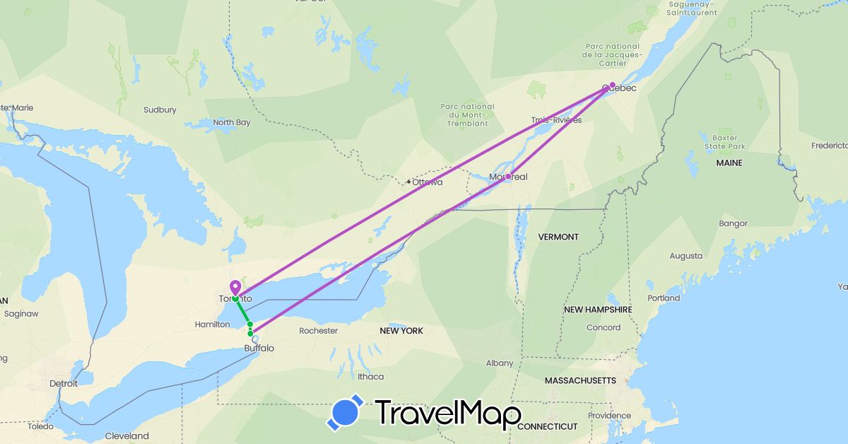 TravelMap itinerary: driving, bus, train in Canada (North America)